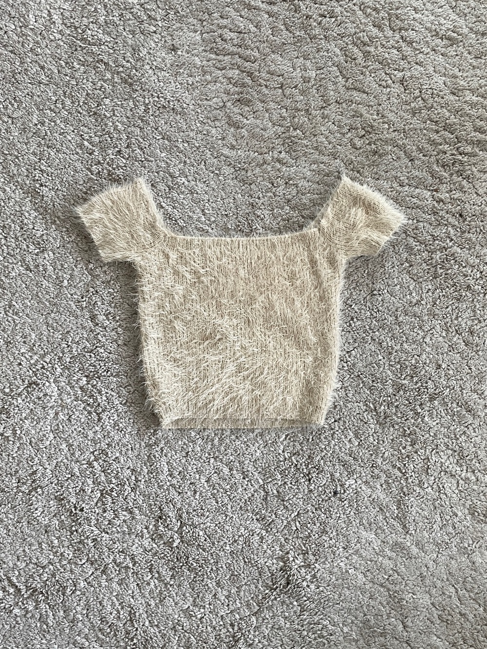 Fuzzy Off-Shoulder Crop Top in Beige